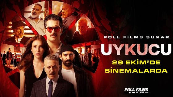 Movie poster for 'Uykuçu' featuring a central man with red sunglasses, a woman in black, and a man with a mustache in a suit; Turkish release text on the right.