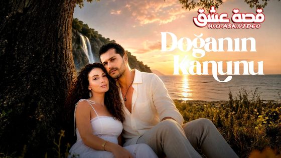 Romantic couple sitting close together beneath a tree at sunset by the sea, with a waterfall in the background and large white title text overlay reading ‘Doğanını Kanunu’.