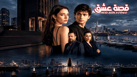 Dramatic poster featuring a woman in a black dress with two men against a nighttime city harbor backdrop and logo top right.